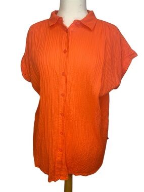 Reformation Crinkled Button-Down Blouse in Coral Red